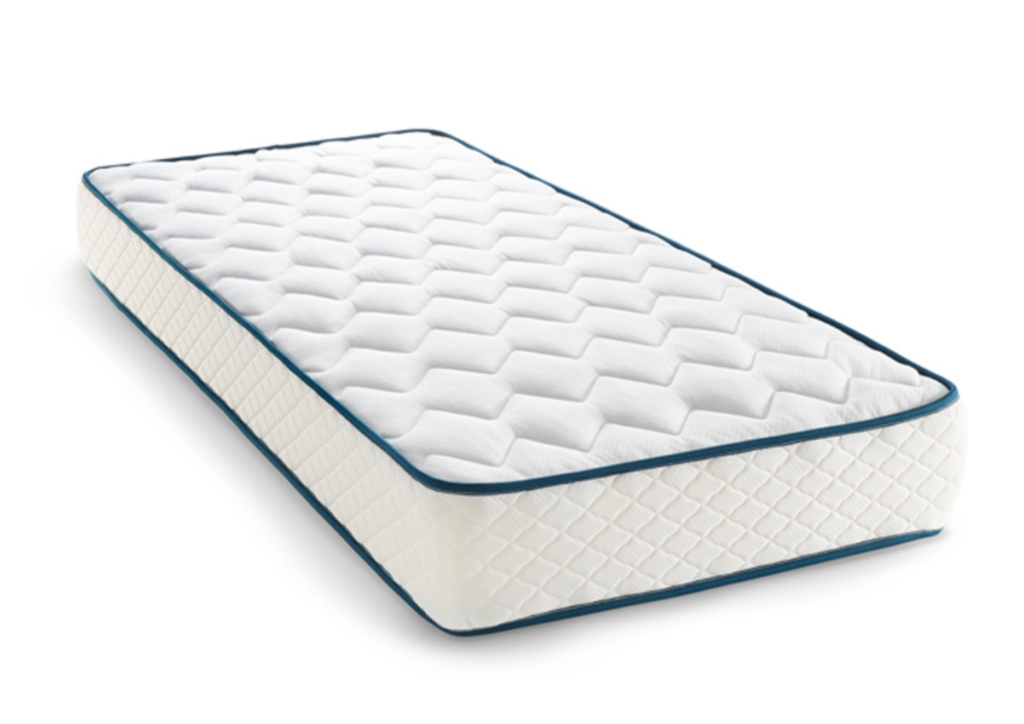 Witte gestoffeerde matras met blauw accentrand, verkrijgbaar bij Belga Meubel in Brugge