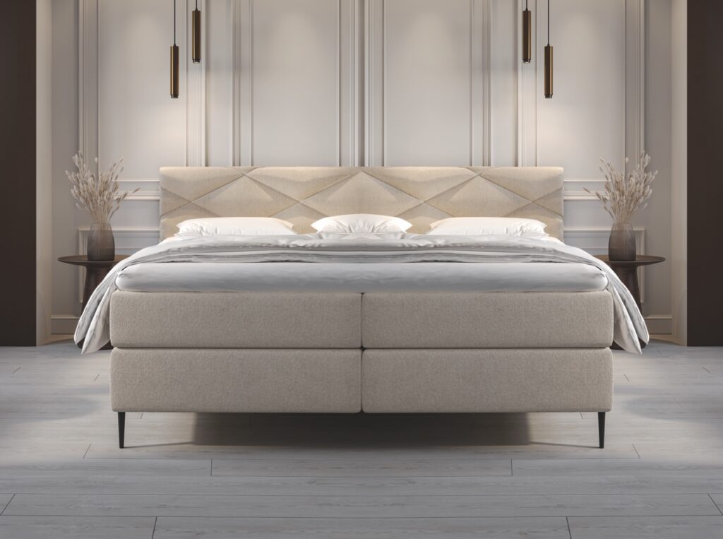 Luxe beige boxspring bed met gestoffeerd hoofdeind in moderne slaapkamer bij Belga Meubel Brugge
