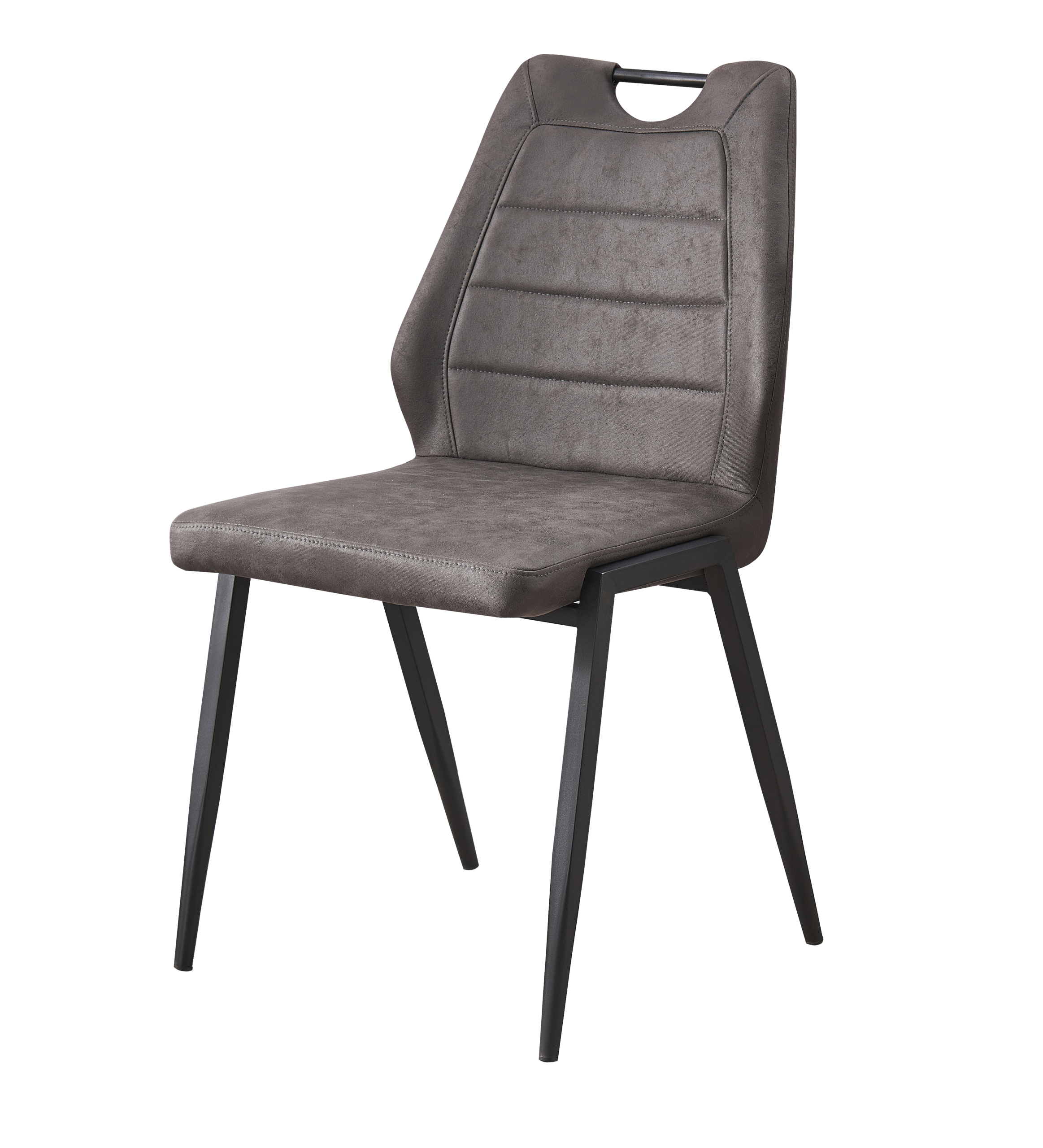 Stoel Bob Grey in grijze stof met zwarte metalen poten in een modern interieur.