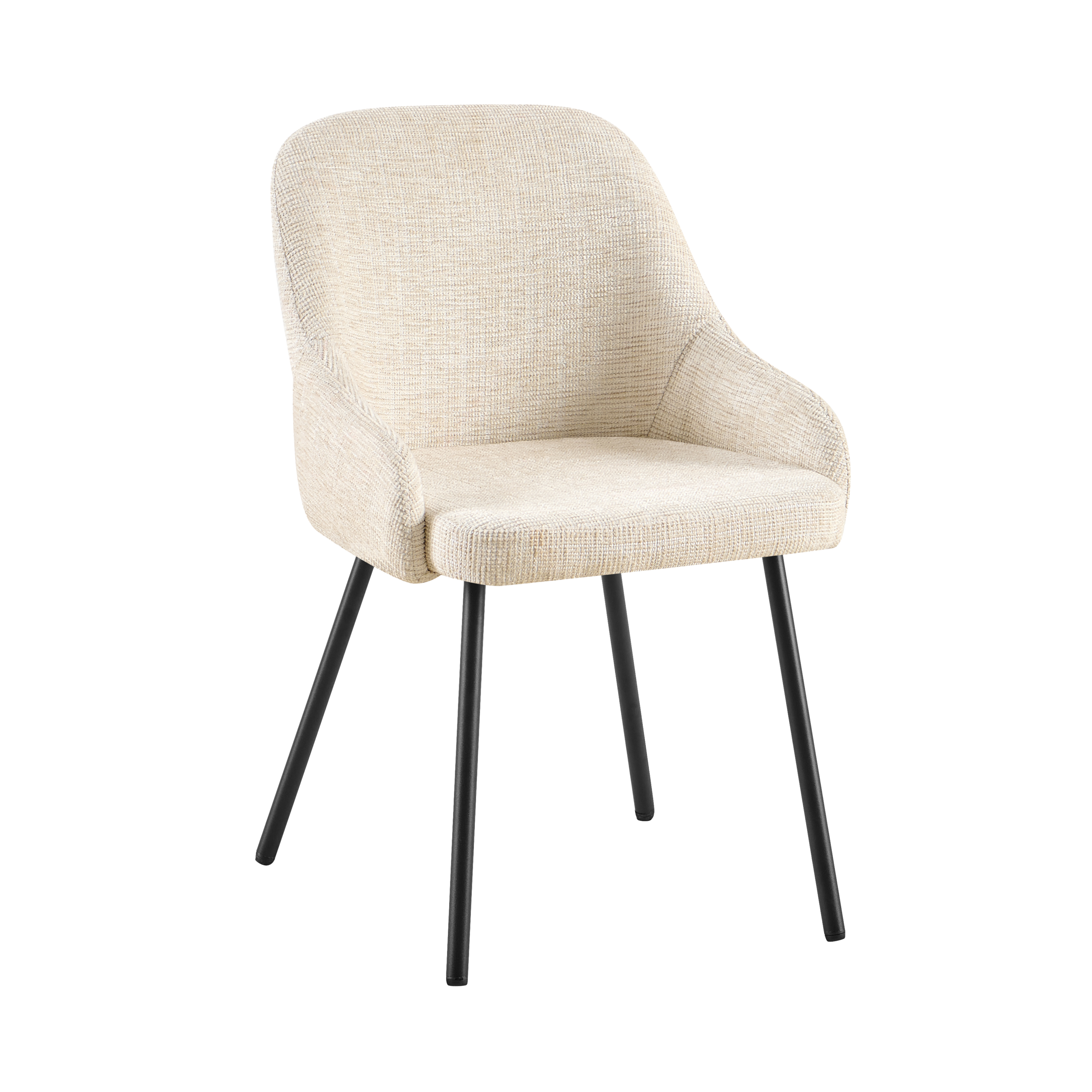 Stoel Lara in licht beige stof met zwarte metalen poten op een neutrale achtergrond.