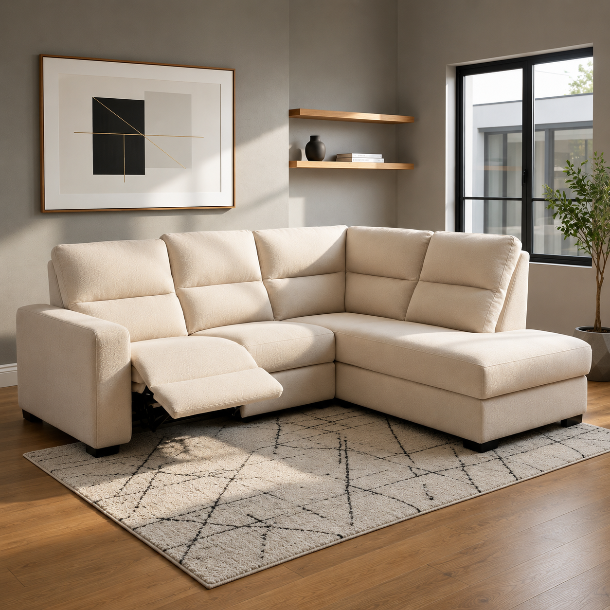 Hoeksalon Toulouse in lichtbeige stof met elektrische relaxfunctie in een modern woonkamerinterieur.