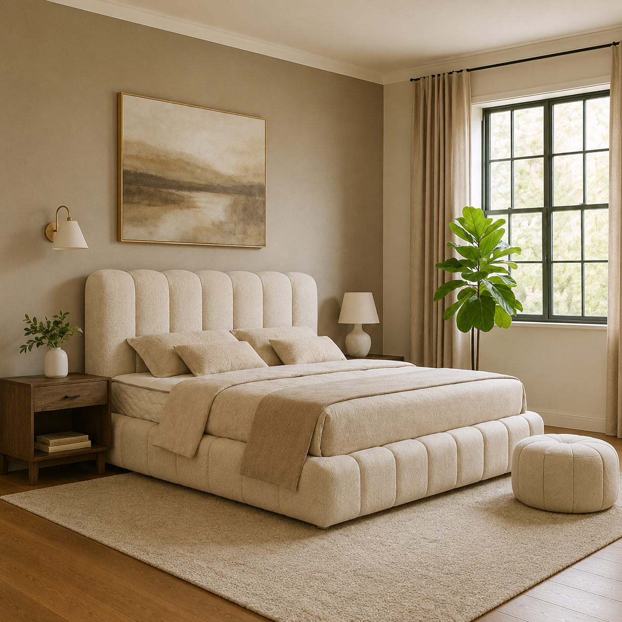 Organisch bed in crèmekleurige stof met afgerond hoofdbord in een modern slaapkamerinterieur.