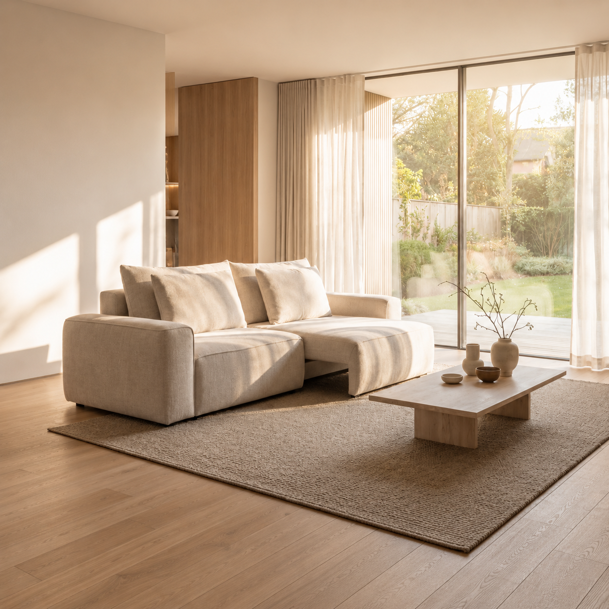Salon Palma in lichtbeige stof met bedfunctie en opbergkoffer in een modern woonkamerinterieur.