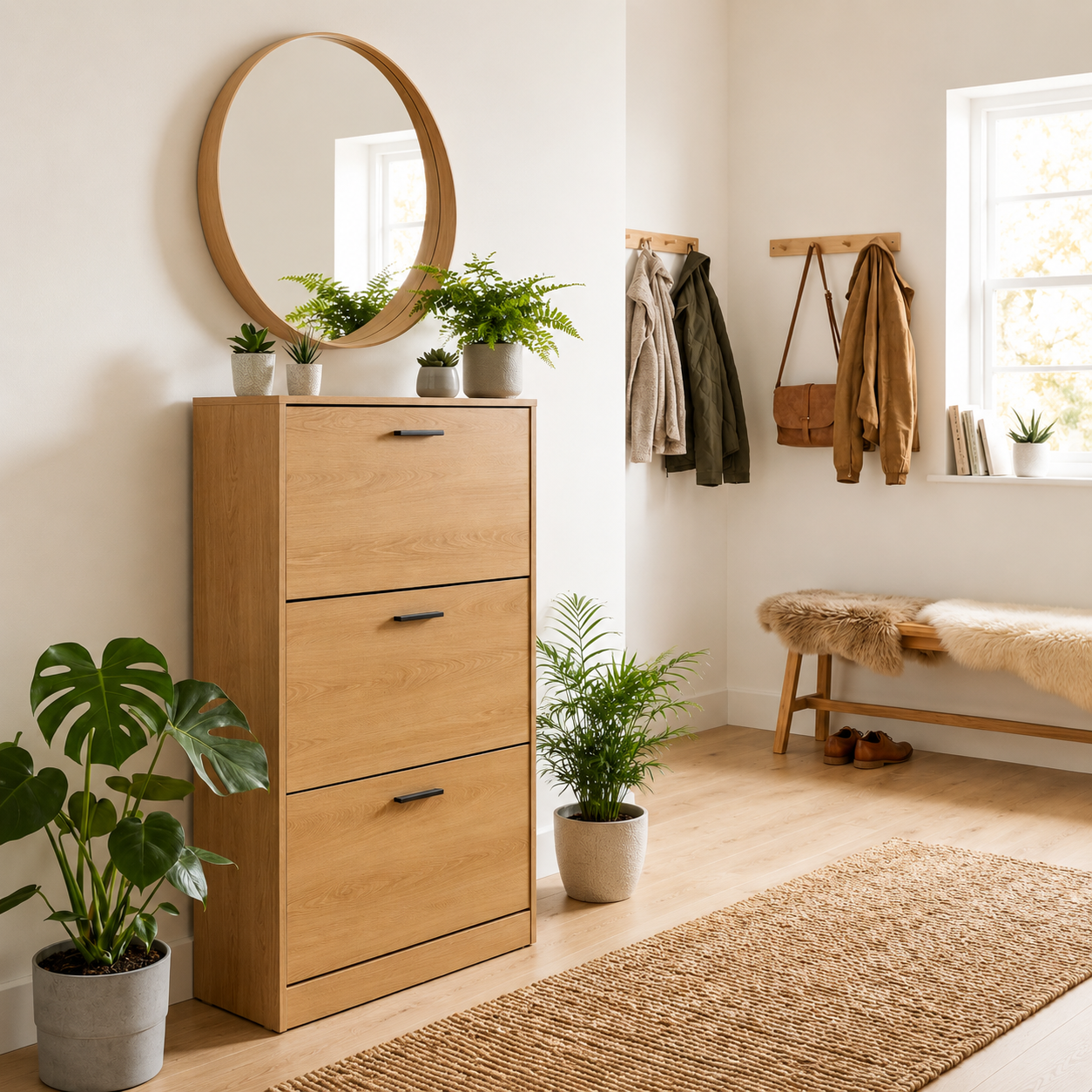 Schoenenkast Wim in eiklook met drie klepvakken in een modern halinterieur.