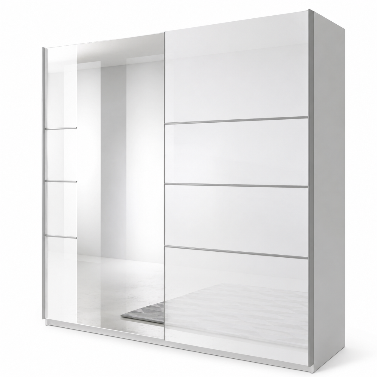 Moderne schuifdeurkast in hoogglans wit met spiegeldeur in een eigentijds slaapkamerinterieur.