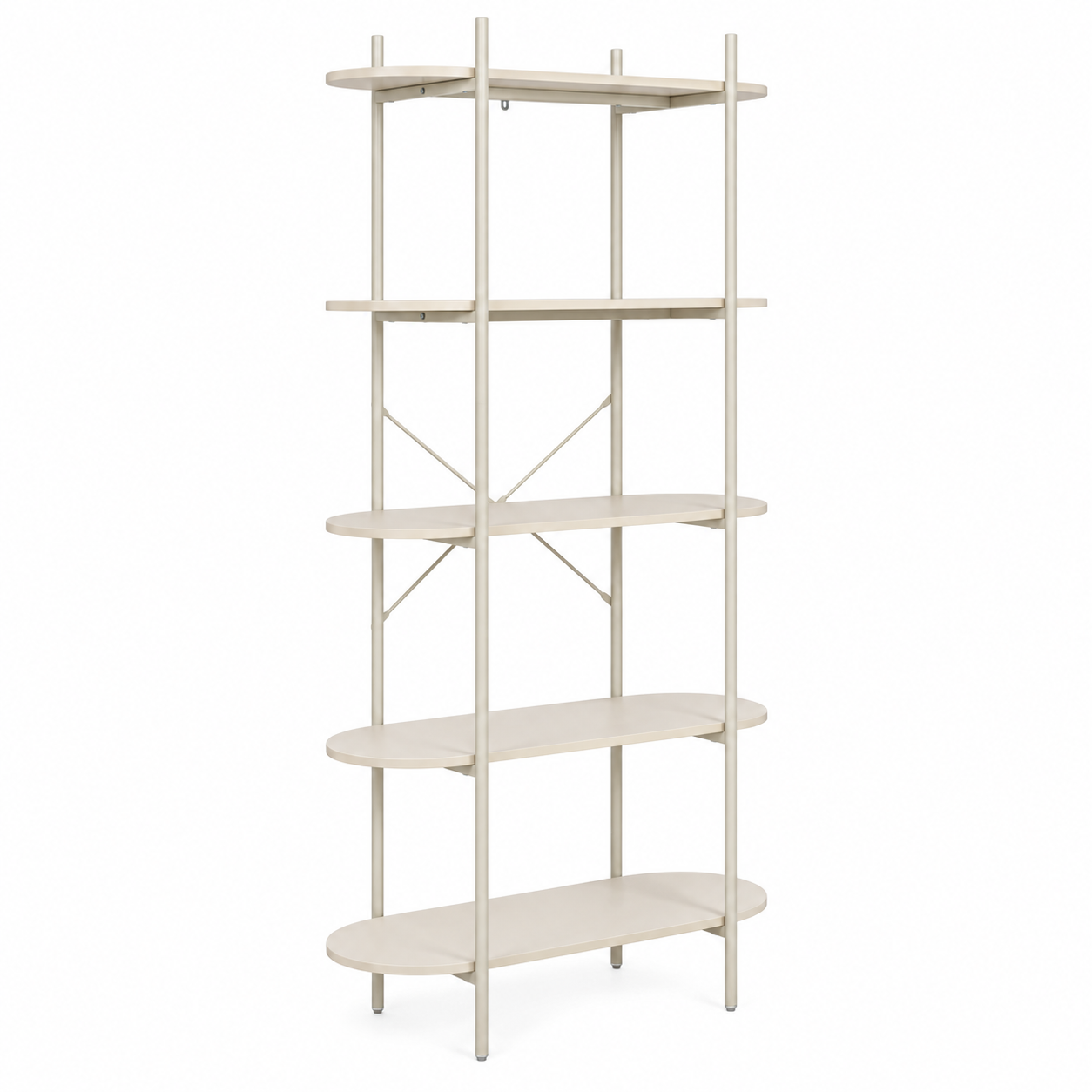 Organisch boekenrek Hanoi in beige met vijf open legplanken, afgeronde hoeken en slank metalen frame