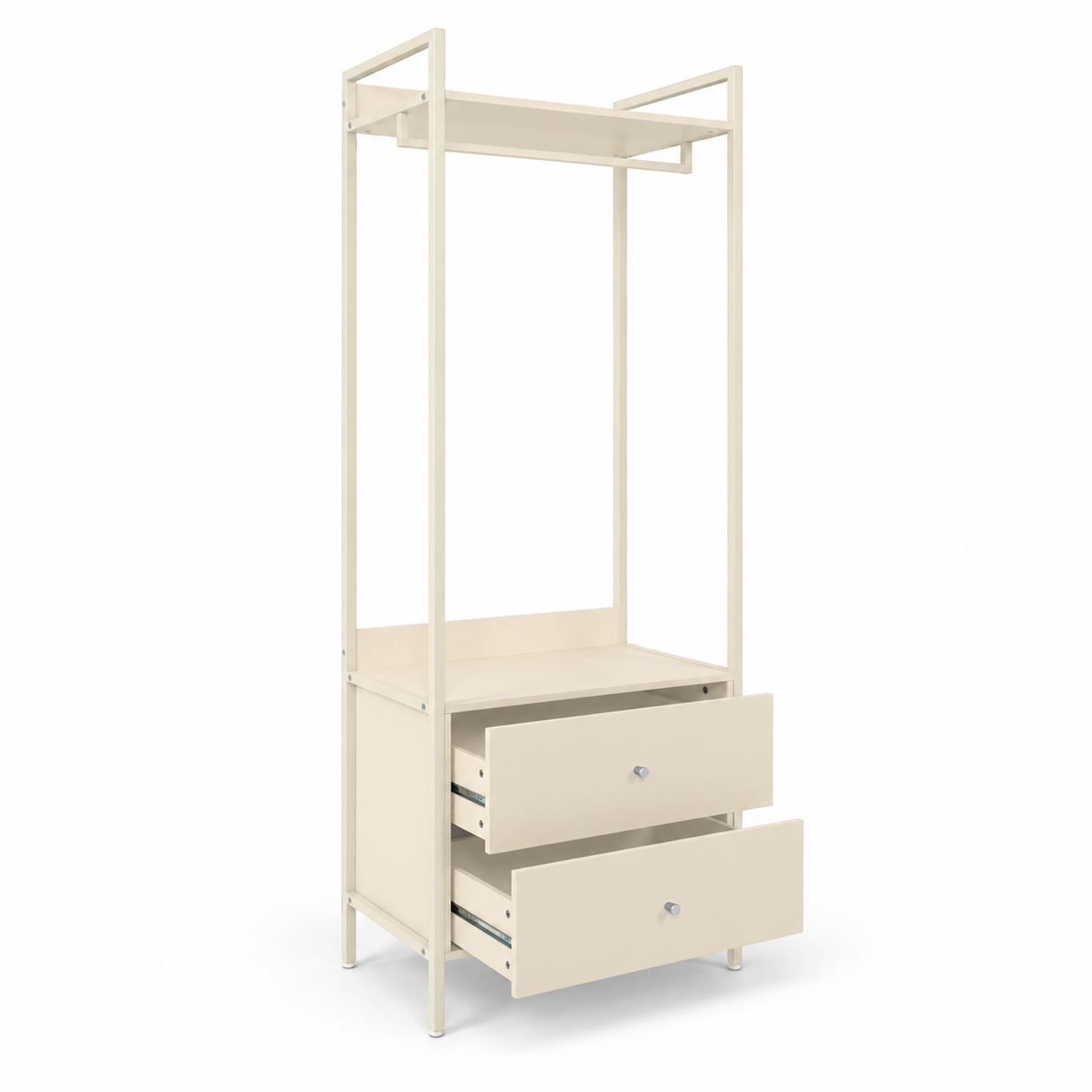 Beige jassenrek Dhaka met open kledingrek, bovenste legplank en twee praktische opberglades