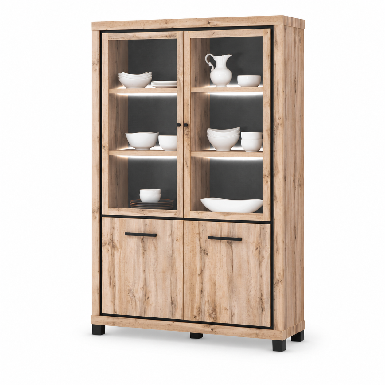 Vitrinekast Elegance in lichte eiklook met twee glazen deuren, verlichting, twee gesloten kastdeuren en zwarte accenten