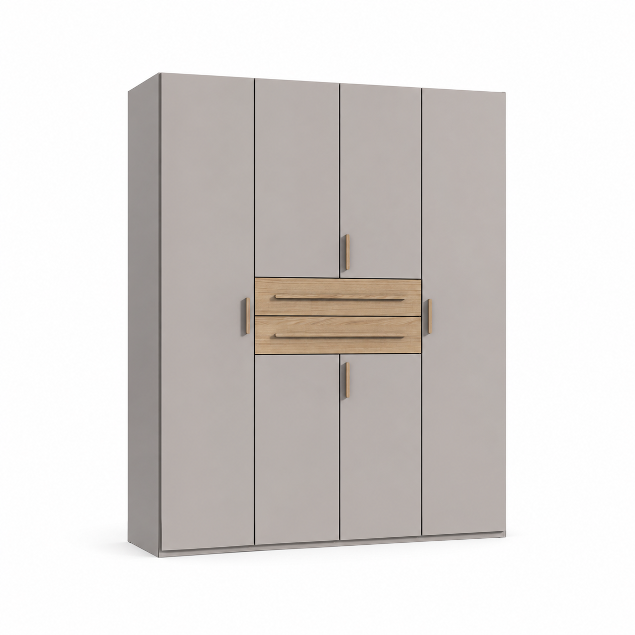 Vierdeurs kleerkast Digit in grijs met twee centrale lades in houtlook, zes deurpanelen en houtkleurige handgrepen