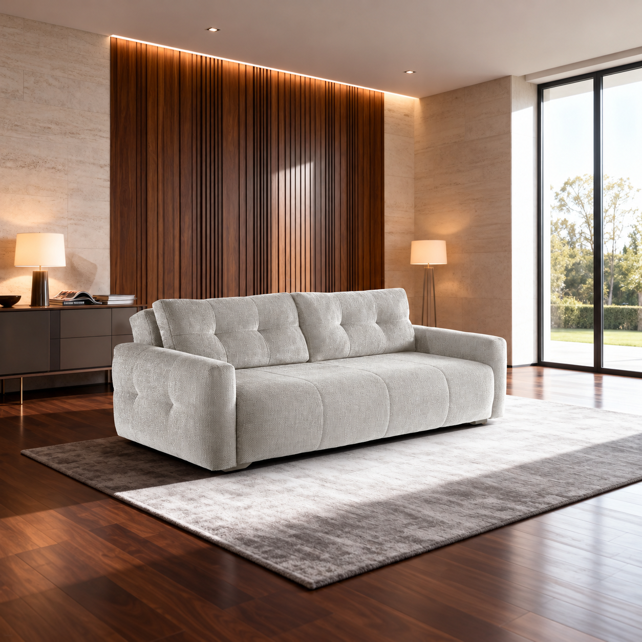 Beige zetelbed Roma met drie zitplaatsen, gestoffeerde rugkussens, brede armleuningen en moderne vormgeving
