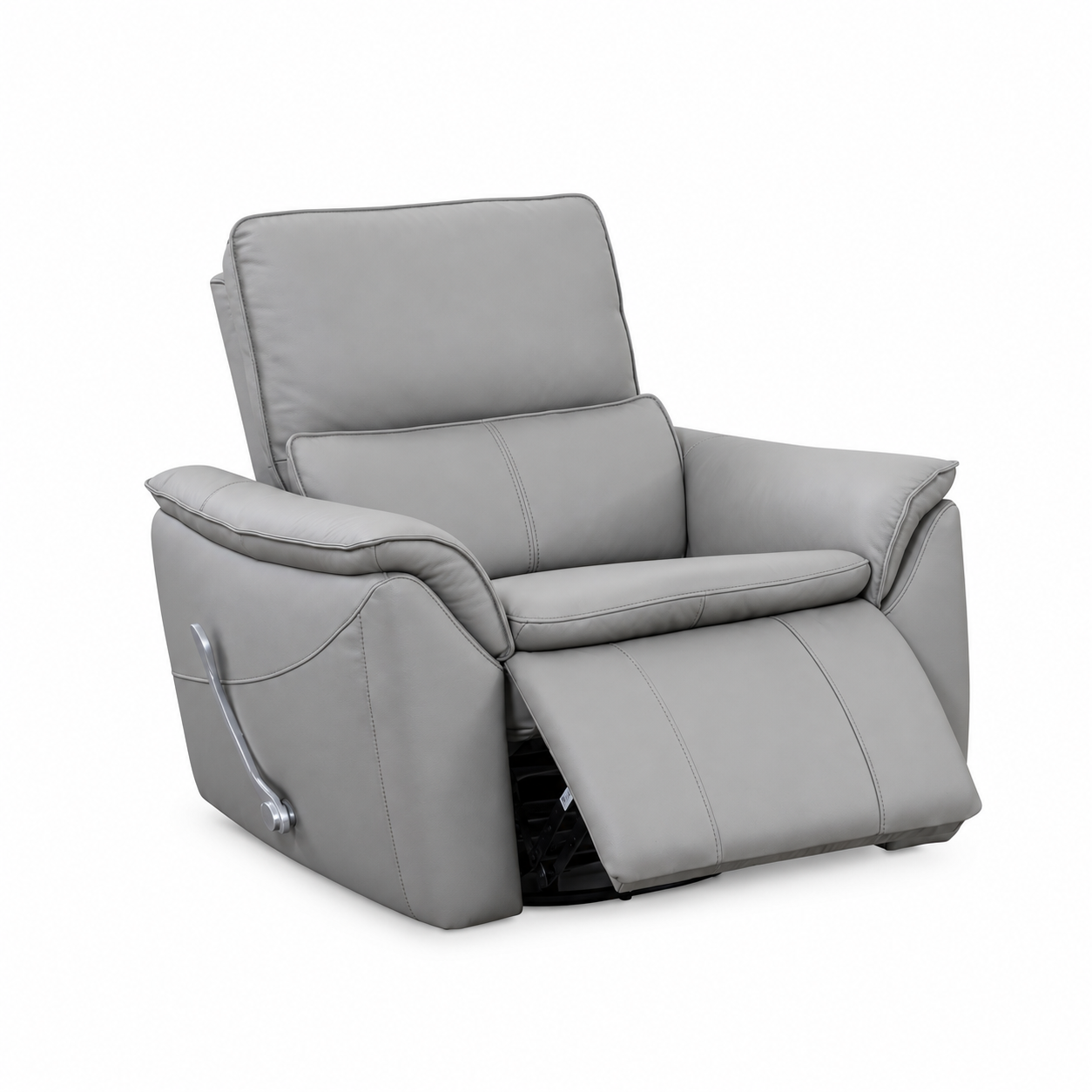 Grijze relaxzetel met lederen bekleding, hoge rugleuning, brede armleuningen en uitklapbare voetensteun