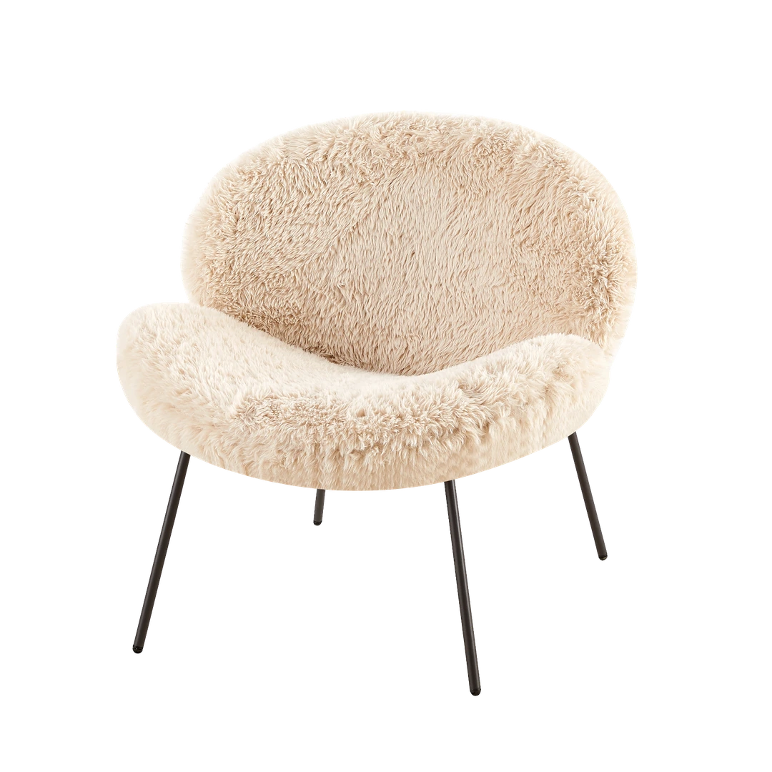 Beige fauteuil Mila met zachte teddy bekleding, ronde rugleuning en zwarte metalen poten